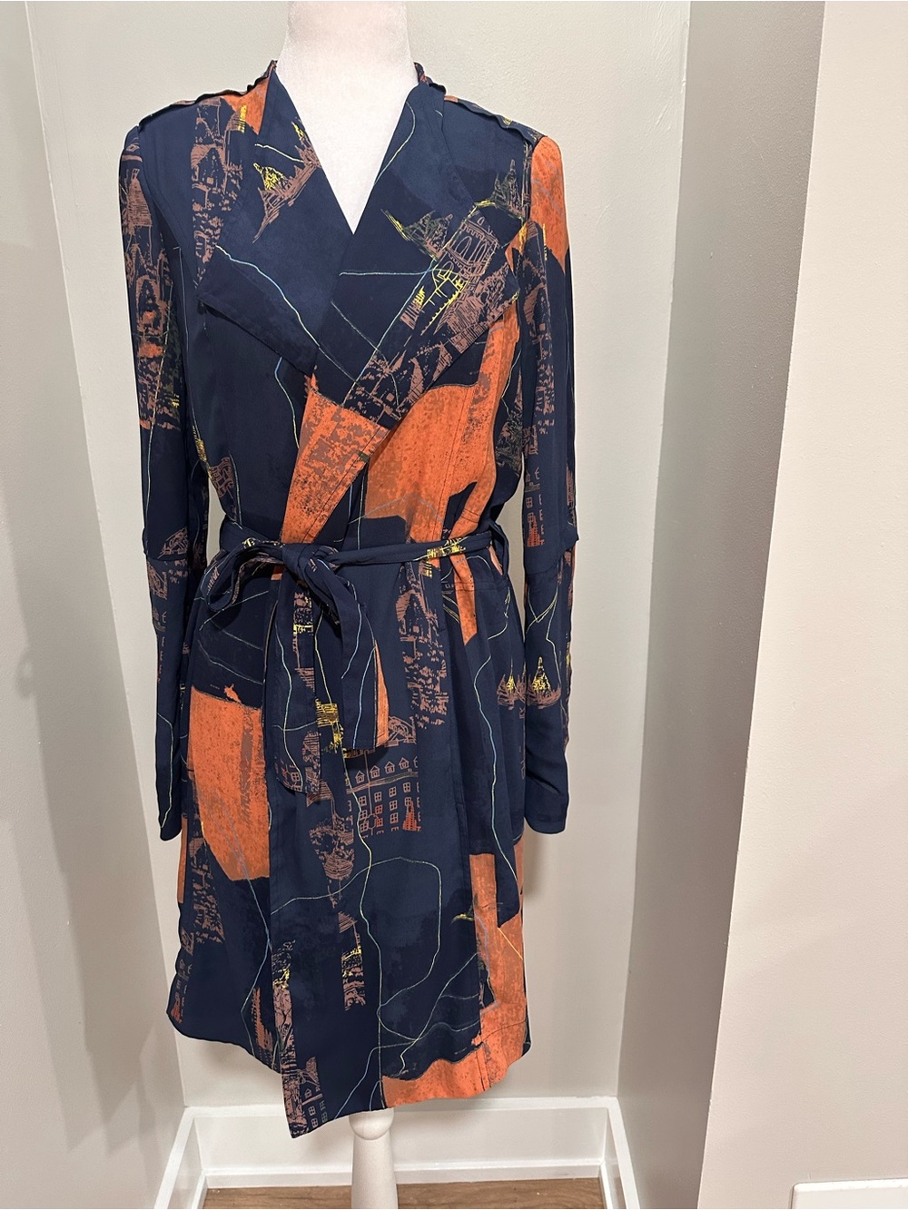 Babaton Women's Navy and Orange Printed Wrap Tie Dress